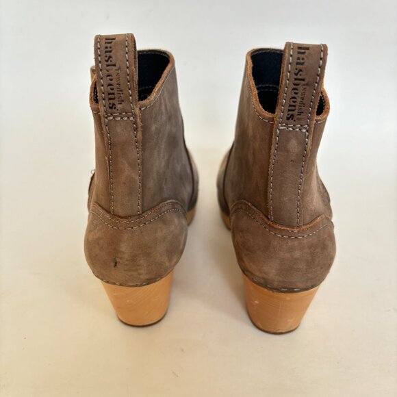 Swedish Hasbeens Boots Heel Zip It Emy Clog Toffel Ankle Taupe Tan Suede 38 8 - Picture 7 of 14